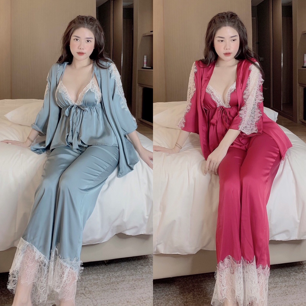 Đồ ngủ nữ lụa satin kèm áo choàng, đồ bộ mặc nhà thoáng mát, mềm mịn, hàng xưởng thiết kế