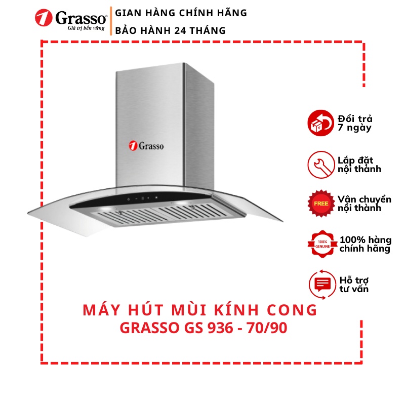 Máy hút mùi kính cong Grasso GS 936 - 70/90 phím nhấn cảm ứng