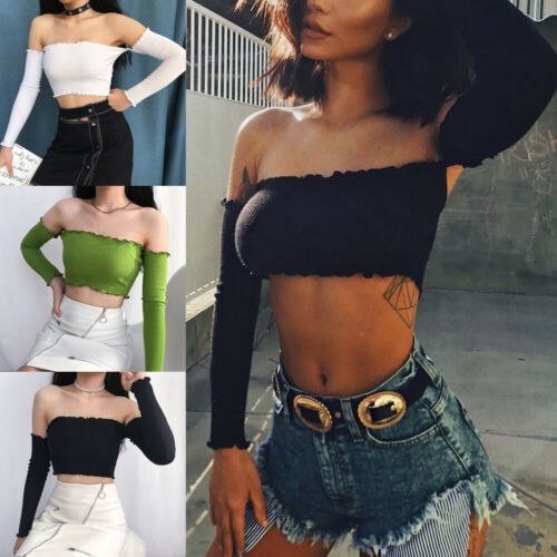 Áo thun croptop trễ vai tay dài gợi cảm hợp thời trang cho nữ