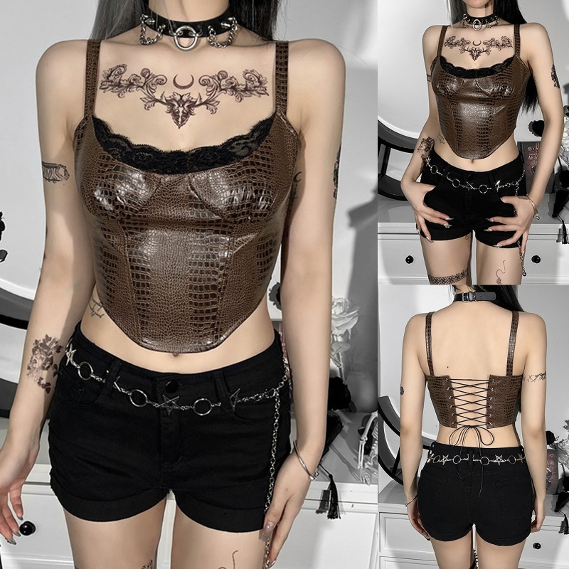 Áo Croptop Sát Nách Giả Da Rắn Phối Ren Quyến Rũ Cho Nữ