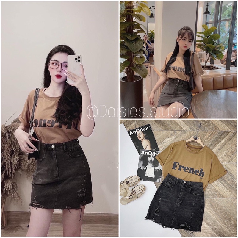 Set Áo Phông Nâu Mix Chân Váy A Jean Rách -HÌNH THẬT - Set đồ đẹp hottrend