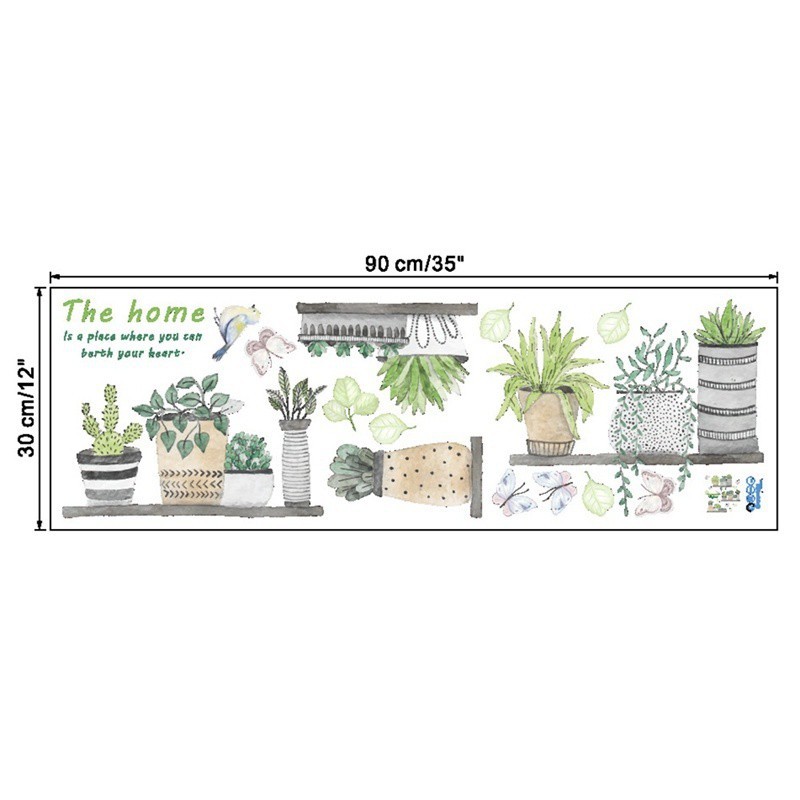 Nhãn dán tường kiểu chậu cây dễ thương trang trí phòng cỡ 90*30 cm