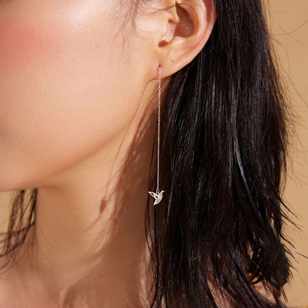 Bông Tai Dáng Dài Phối Xích Mặt Hình Chim Hạc Giấy Bằng Đồng Kiểu Hàn Quốc 2Lip