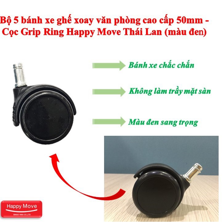 Bộ 5 bánh xe ghế xoay văn phòng cao cấp 50mm - Cọc Grip Ring Happy Move Thái Lan (màu đen)