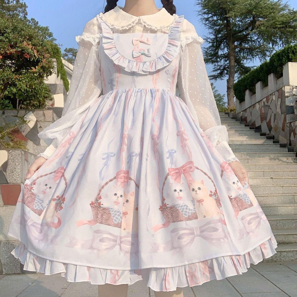 Váy lolita 2 dây in họa tiết mèo trong giỏ