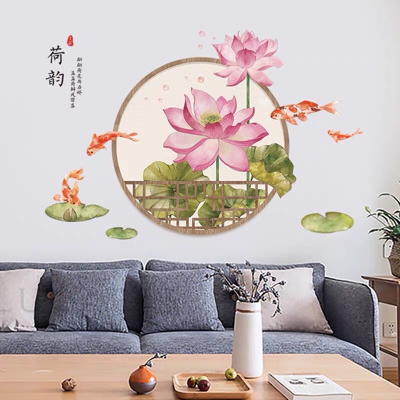 Tranh dán tường, Decal dán tường sen cá khung tròn