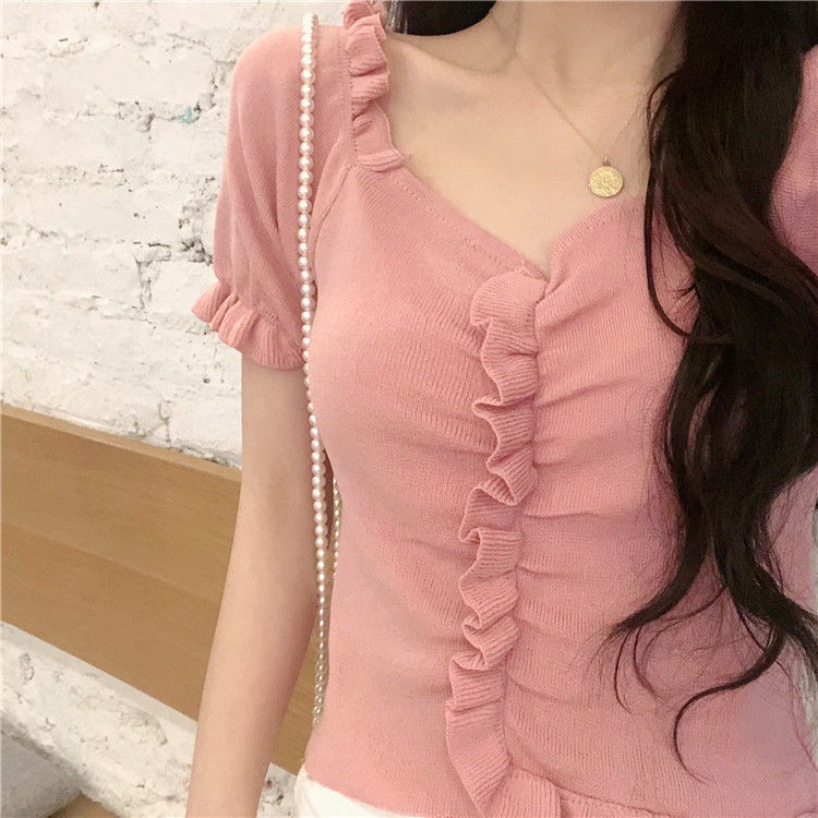 Áo Nữ Dệt Kim Mềm Mịn Mát Trễ Vai Tay Ngắn Quyến Rũ Cỗ Chữ V Viền Nhún Thời Trang - T21