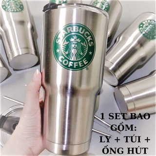 Cốc giữ nhiệt starbucks 900ml nắp chống tràn, ly giữ nhiệt logo starbucks cao cấp tặng kèm túi và set ống hút inox