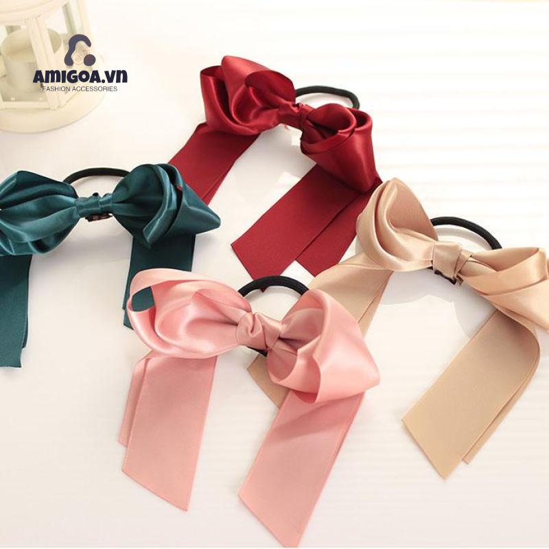 Dây Thun Cột Tóc Hai Lớp Bằng satin Thắt Nơ Dễ Thương