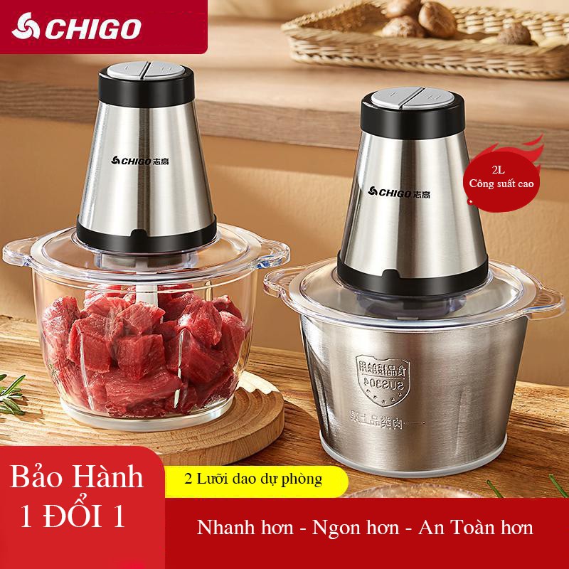 Máy xay thịt đa năng Chigo cối inox, thủy tinh 4 lưỡi công suất 300W dung tích 2L xay nhuyễn trong 5s MXT01