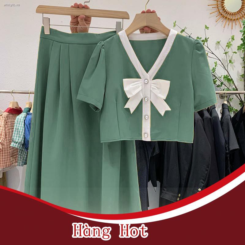 Set Áo Sơ Mi Thắt Nơ + Chân Váy Lửng Thời Trang Mùa Hè Cho Nữ Size S 200 Kg