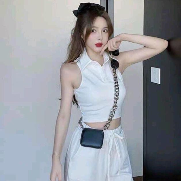 Áo Croptop Không Tay, Áo Thun Cổ Bẻ Ôm Sát Body Cực Ngầu Mặc Thoáng Mát Dễ Phối Đồ Chapi CP1