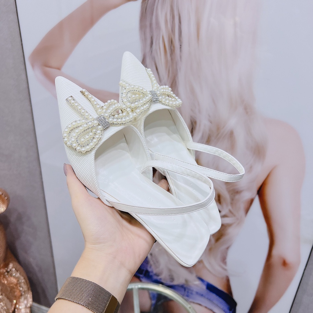 Giày cao gót bít mũi Chị Đẹp Store, Sandal cao gót nữ 3 phân NƠ NGỌC mã CD34