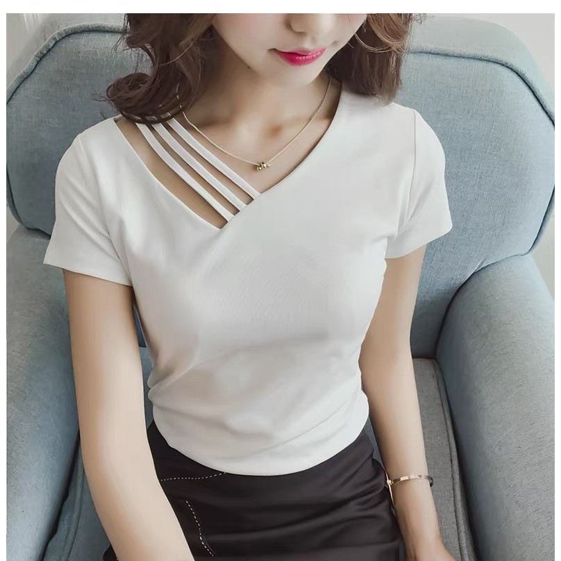 WANG JIAO ZHAN Áo thun ngắn tay màu trơn thời trang nữ
