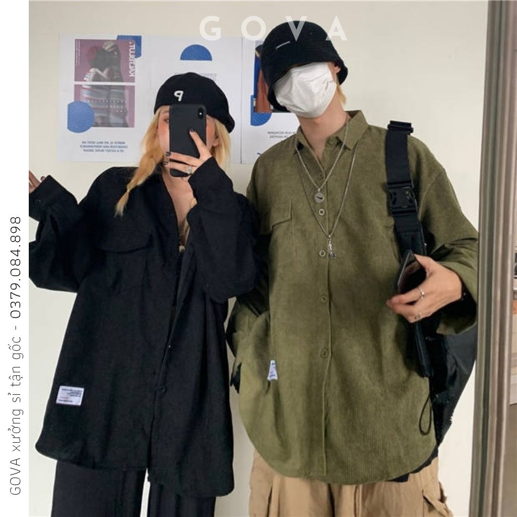 Áo Khoác Sơ Mi Nhung Tăm GẮN LOGO Nam Nữ Kiểu Basic Dài Tay, Áo Oversize Nhiều Màu GOVA