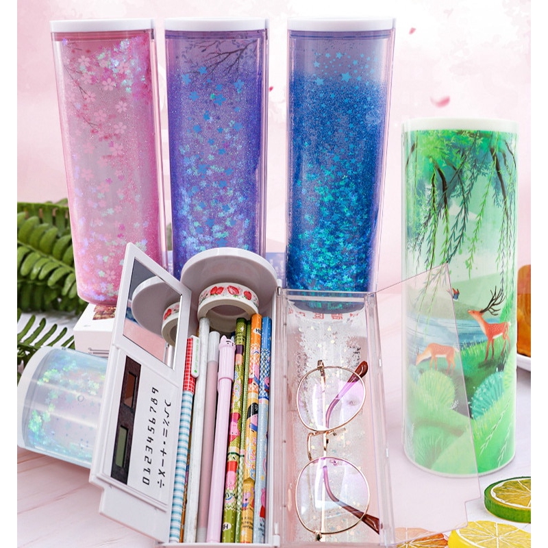 124Korean Quicksand Translucent Pencil Cases Multifunction Cylindrical Pencil Box School Case Cute Girl Boy Pink Blue Pen Holder