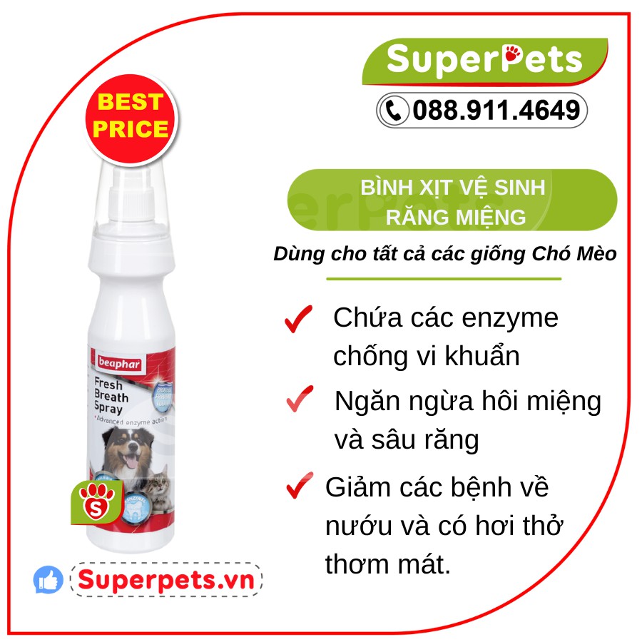 Bình Xịt Vệ Sinh Khử Mùi Răng Miệng Chó Mèo, Sạch Mảng Bám BEAPHAR FRESH BREATH SPRAY DOG/CAT SUPERPETS VIỆT NAM