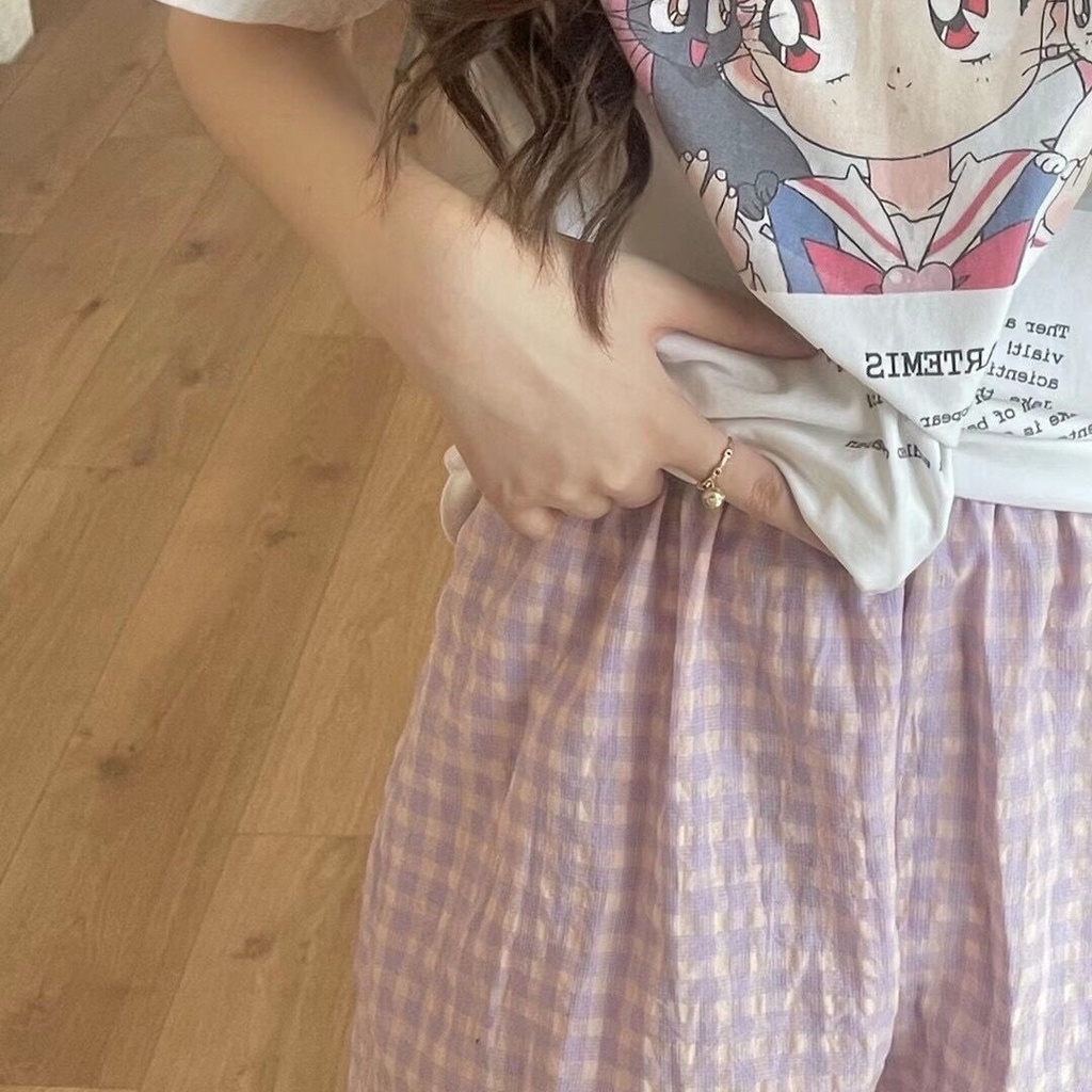 Quần Ngủ Cotton Ống Rộng Lưng Cao Họa Tiết Sọc Caro Phong Cách Hàn Quốc Mới | BigBuy360 - bigbuy360.vn