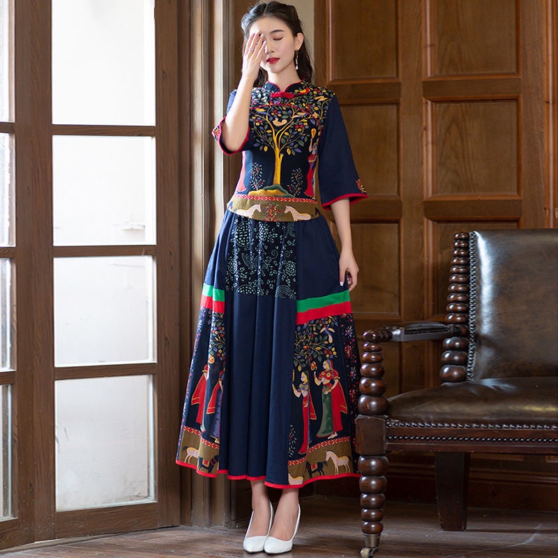 Bộ Áo Cotton Lanh Cổ Đứng + Chân Váy Thêu Họa Tiết Dân Tộc Retro Thời Trang Xuân Thu