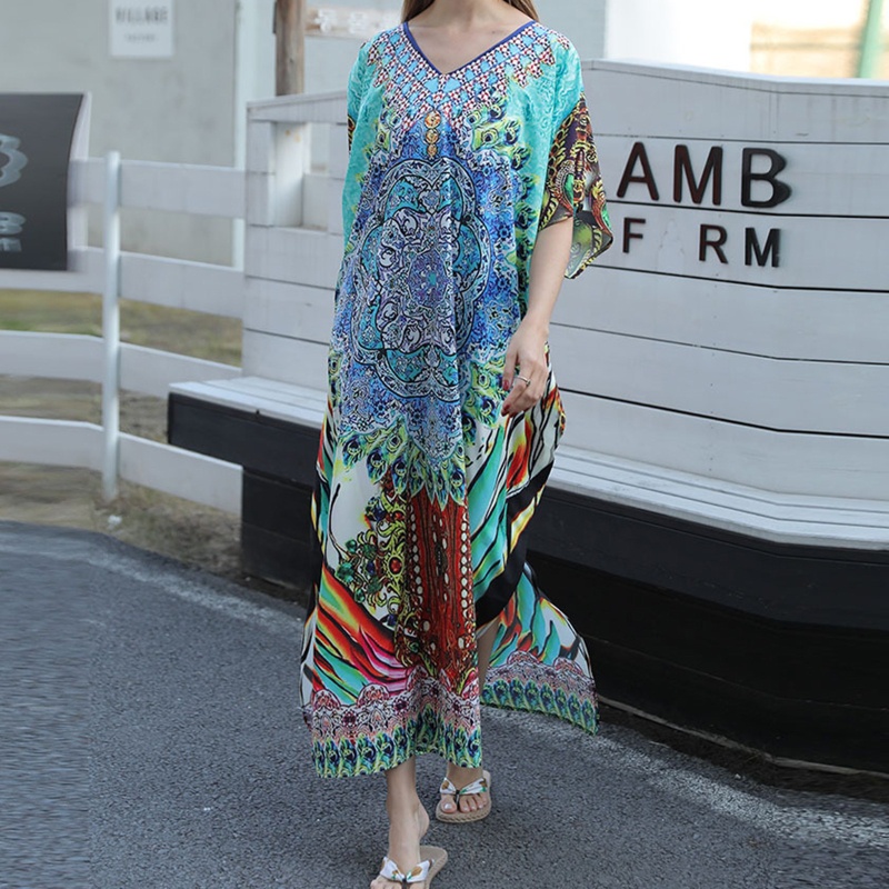 Đầm Maxi Tay Lửng In Họa Tiết Lông Vũ Nhiều Màu Sắc Phong Cách Bohemian Thời Trang Mùa Hè Cho Nữ