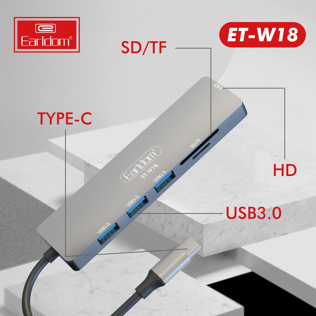 Cáp Chuyển USB Type C to HDMI + 3 USB 3.0 + SD Card Reader + TF Card Earldom W18 - Hàng Chính Hãng