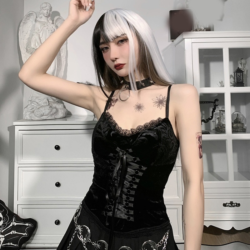 Xixi Áo Lửng Hai Dây Cổ Chữ V Bằng Vải Nhung Phối Ren Phong Cách Gothic Quyến Rũ Dành Cho Nữ