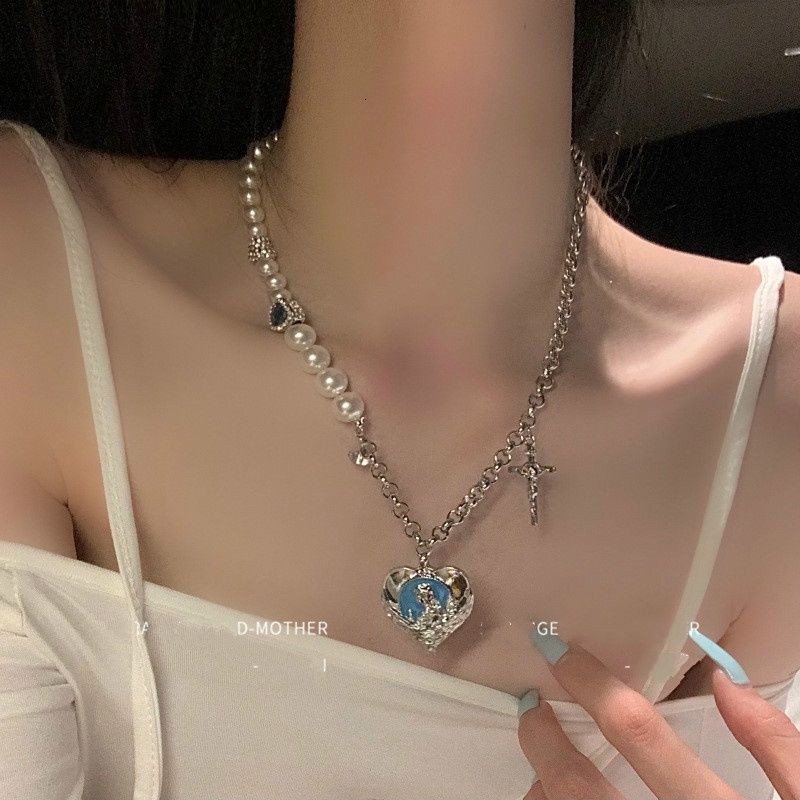 Vòng cổ xỏ hạt ngọc trai giả mặt hình trái tim thiết kế ngọt ngào và cá tính phong cách retro thời trang sang trọng