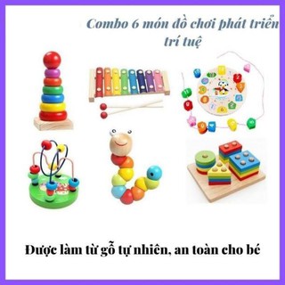 Combo sét 6 món đồ chơi giáo dục luồn hạt - sâu gỗ - đàn gỗ - cầu vồng - thả hình 4 trụ - đồng hồ xâu hạt - cho bé phát