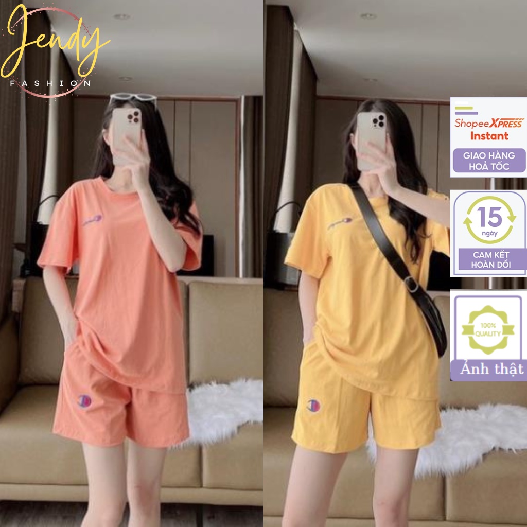 Set Bộ Phông Nữ Chất Cotton, Đồ Bộ Tay Lỡ Champion Phong Cách Trẻ Trung Nhiều Màu, Jendy Fashion, BĐTC