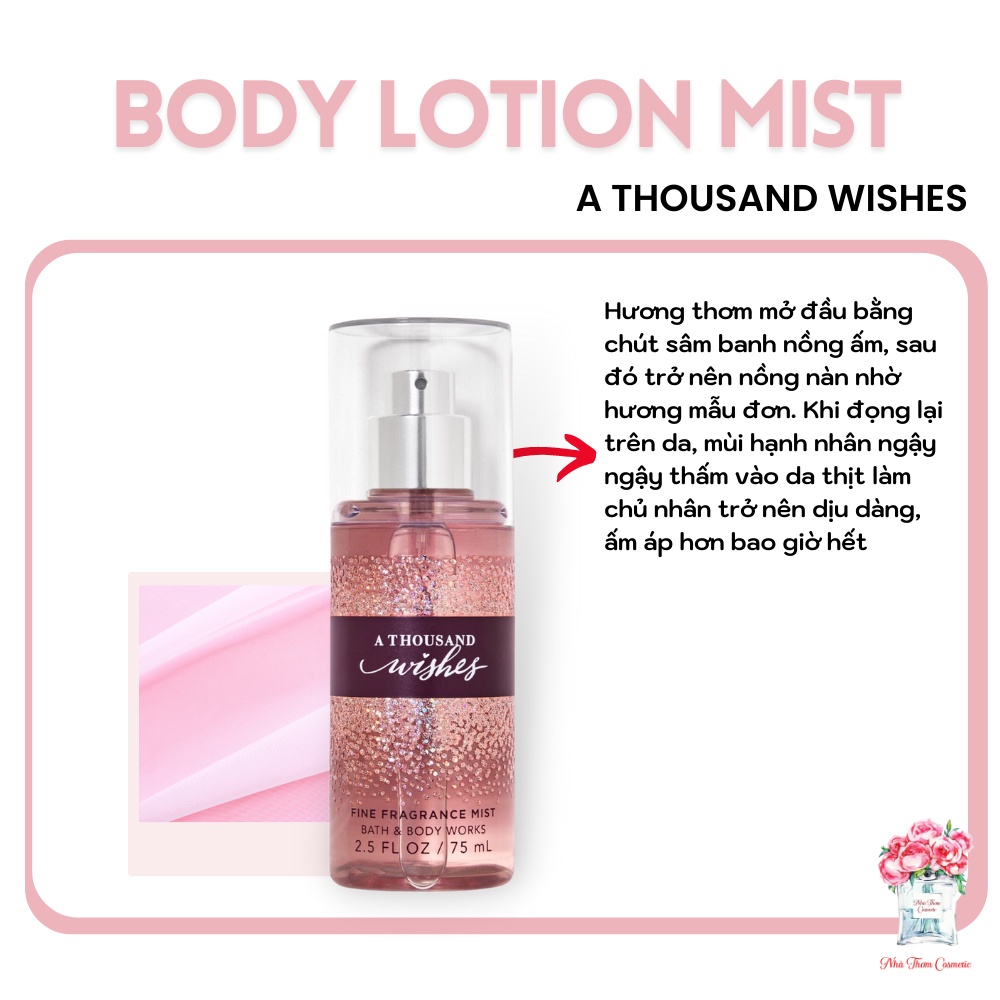 Bộ Sản Phẩm Xịt Thơm Toàn Thân & Dưỡng Thể Bath & Body Works A Thousand Wishes Ngọt Ngào Mini Size