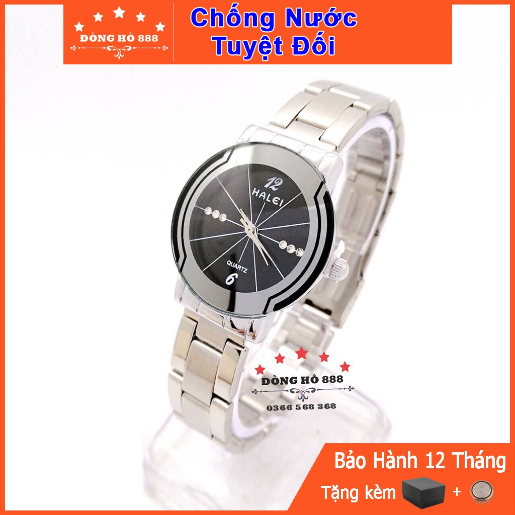 Đồng hồ Nữ Halei máy Nhật chính hãng mặt tròn nhỏ 25mm kính chống xước, dây thép trắng chống ghỉ , chống nước tuyệt đối