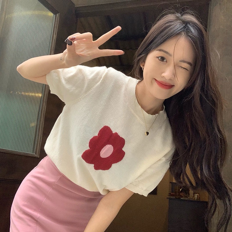 Áo thun COZOKC dệt kim tay ngắn dáng ôm in họa tiết hoa thời trang mùa hè cho nữ