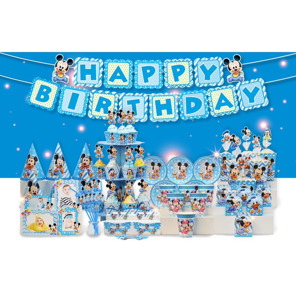 Set trang trí sinh nhật bé trai Bộ phụ kiện chủ đề Mickey xanh mini - mega - Happy birthday thôi nôi cho bé