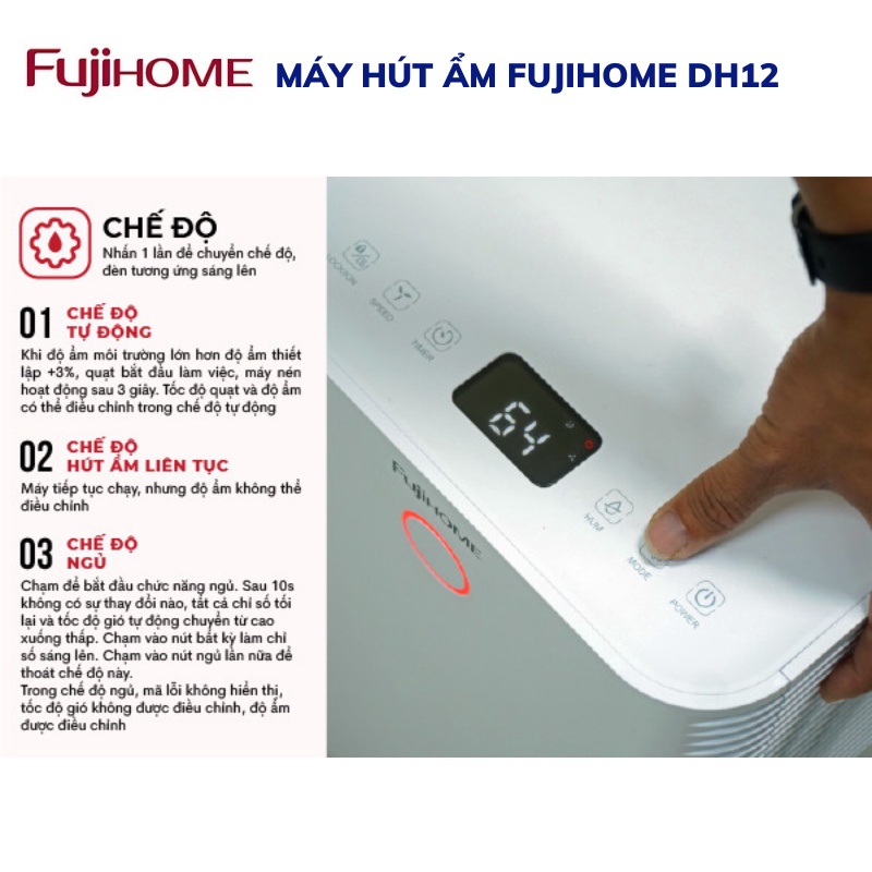 Máy hút ẩm gia đình FUJIHOME DH12 Công suất 12lít/ ngày - Độ ồn cực thấp - Đèn led hiển thị chất lượng độ ẩm