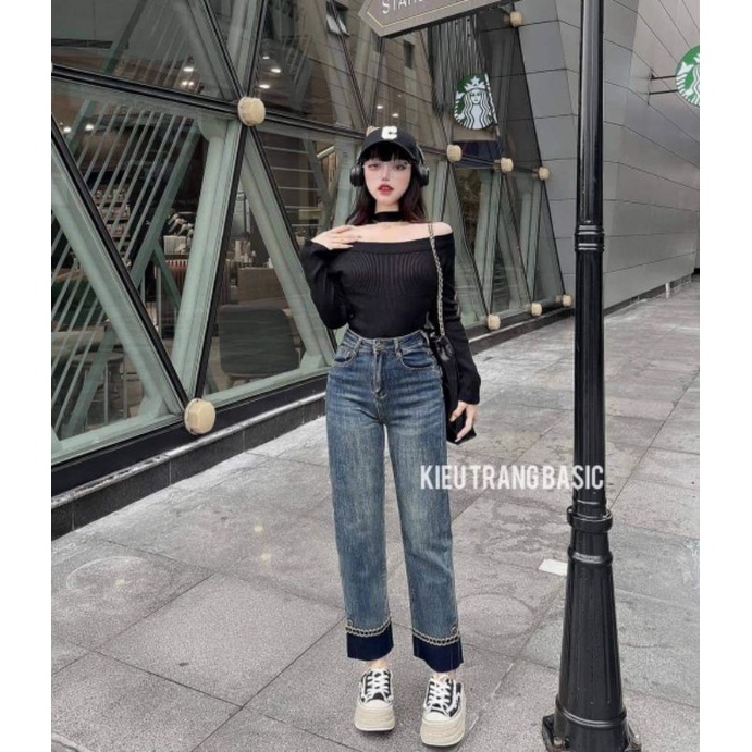 Quần jeans ống đứng phối xích gấu hàng QCL1