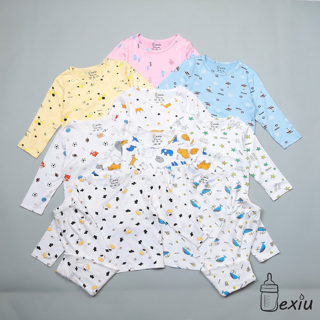 Bộ Đồ Quần Áo Sơ Sinh Tay Dài Cài Vai Bexiu In Rơi 1020 Nhiều Mẫu Cho Bé 6-19kg