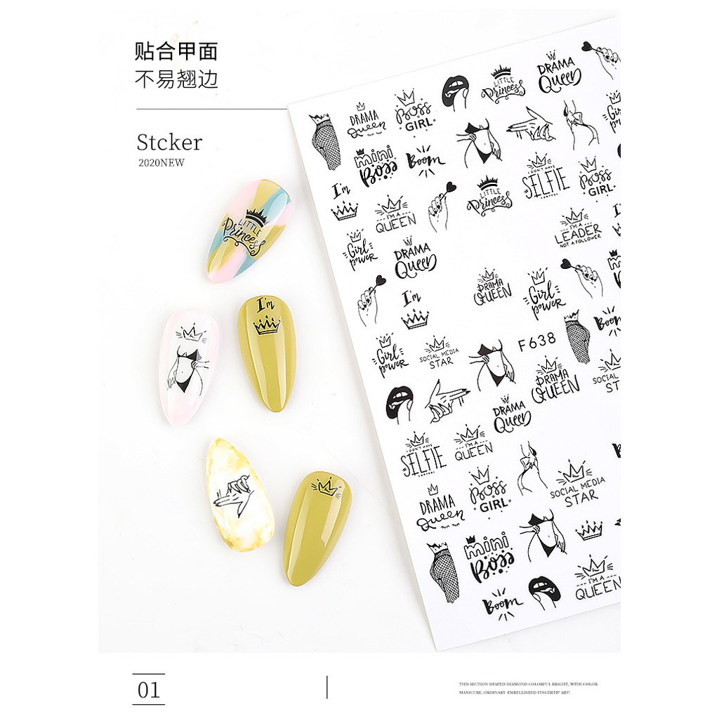 [Hàng mới về] Nhãn dán trang trí móng tay màu đen trắng 3D phong cách châu Âu dễ sử dụng