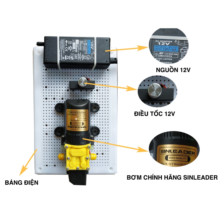 Trọn bộ máy bơm đơn Sinleader 12v biến điện và điều tốc ráp sẵn trên bảng điện dùng cho phun sương tưới cây - MHL