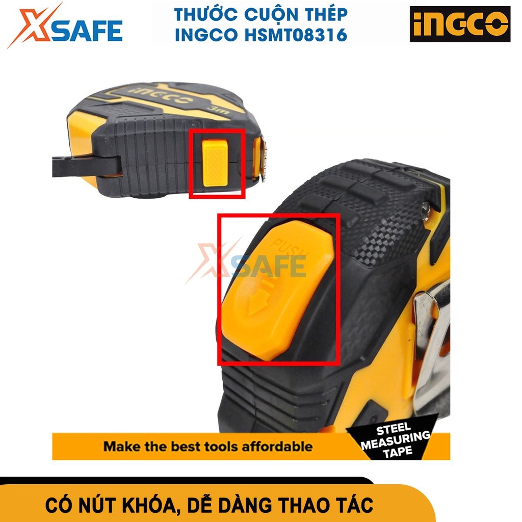 Thước cuộn thép nền vàng INGCO HSMT08316 3mx16mm nút bật đôi, chức năng khóa tự động, hệ đo inch, mét