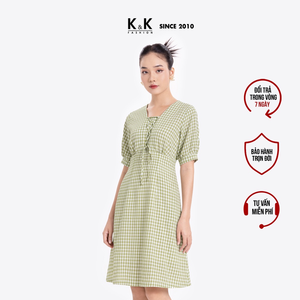Đầm Caro Công Sở Nữ Dáng A Phối Nơ K&K Fashion KK113-28 Chất Liệu Cotton Yuwa