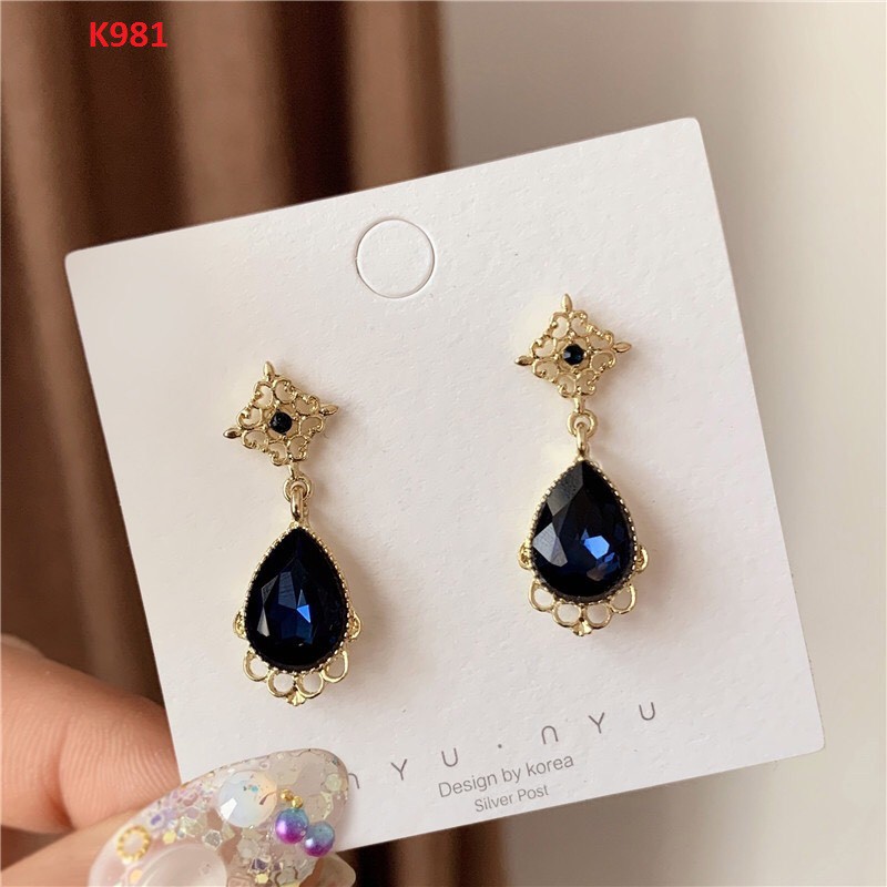 Khuyên tai nữ mạ bạc 925 hình giọt nước đen k981 Mayconner