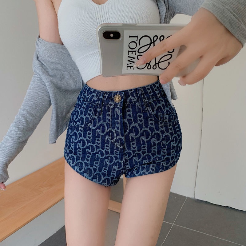 Quần Short Jean Lưng Cao In Chữ Y2K Cá Tính Cho Nữ