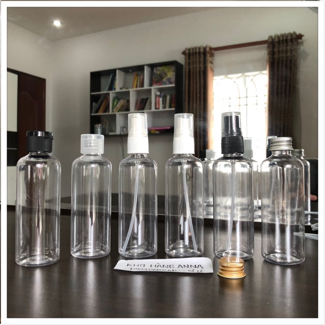 [ Chai trong suốt 100ml ]  50 Chai hủ nhựa 100ml nắp bật / xịt sương / xịt giọt / nắp nhôm- Chai pet Nâu/ xanh lá/ trong