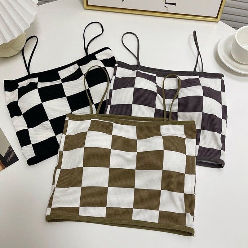 Áo Croptop Hai Dây Họa Tiết Kẻ Ô Có Mút Đệm Ngực Siêu Nhẹ Thời Trang Mùa Hè Quyến Rũ Cho Nữ