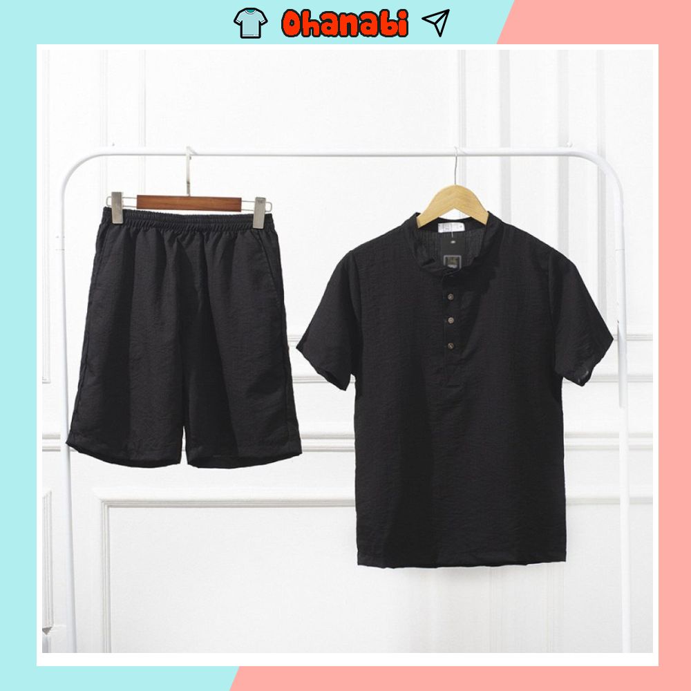 Bộ đũi nam cao cấp tay ngắn cổ tàu vải đũi thái mềm mịn dày dặn thoáng mát phong cách hàn quốc đi biển đẹp OHANABI