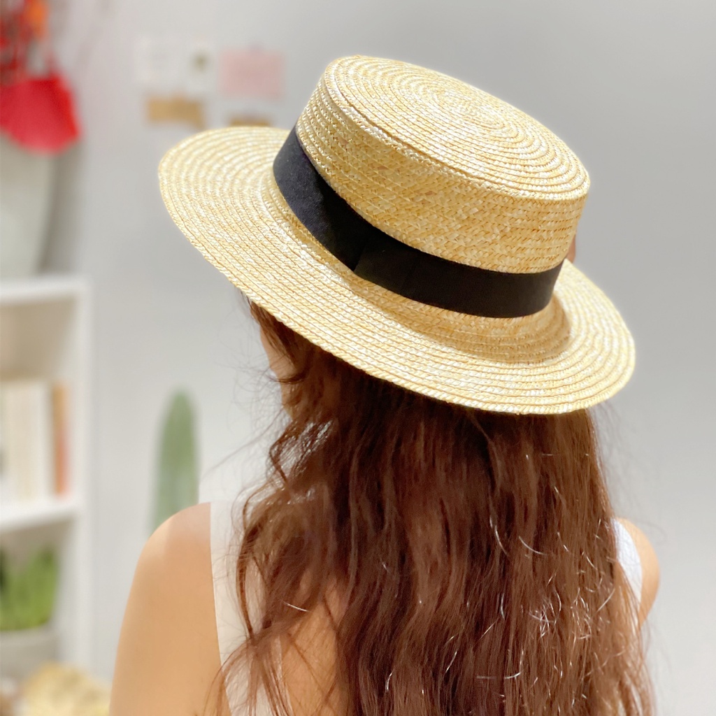Mũ rơm đi biển Vintage Boater - viền nơ - vành rộng 7cm - (đóng hộp)