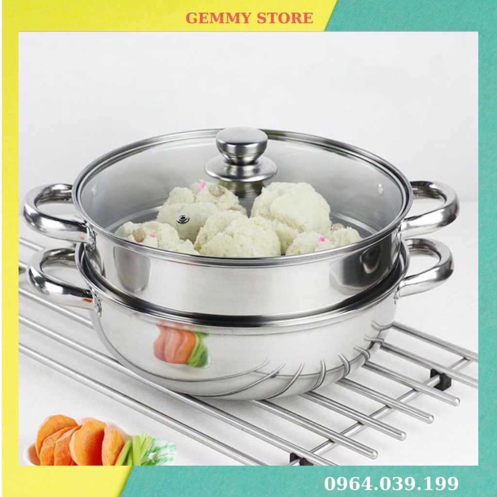Nồi Hấp Thực Phẩm 2 Tầng 28Cm, Vung Kính Dùng Được Cho Bếp Từ