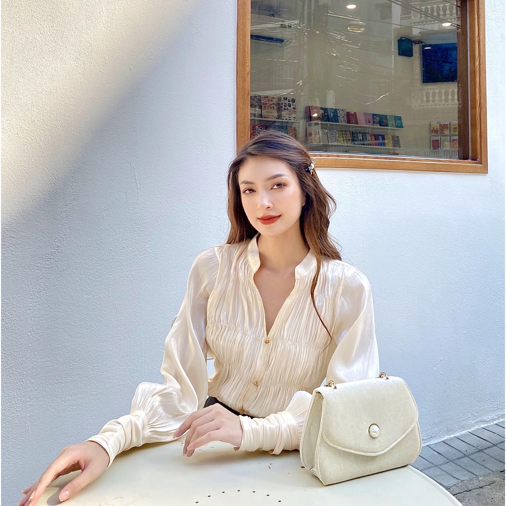 Áo sơmi lụa ánh kim bèo nhún ngực