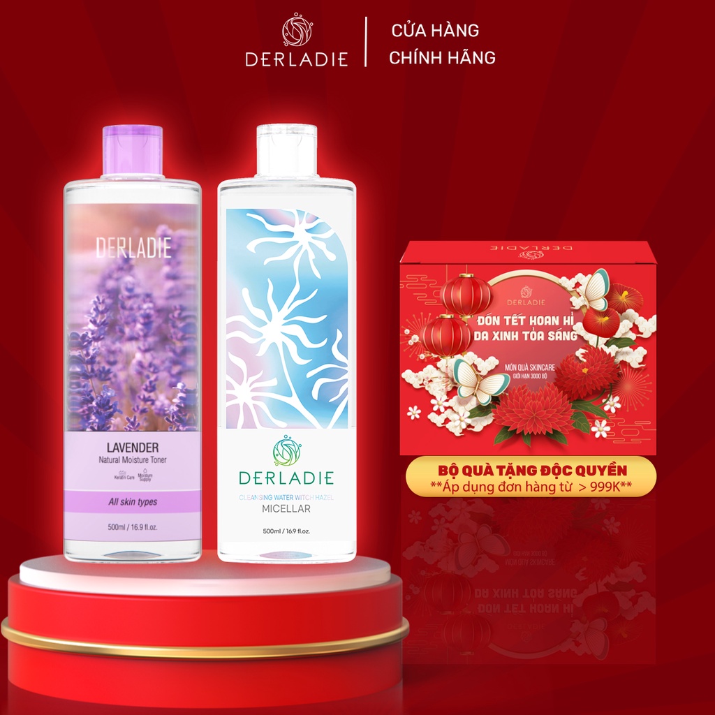 Combo Nước tẩy trang Derladie Cleansing Water Witch Hazel, Nước hoa hồng Derladie Lavender Natural Moisture Toner 500ml