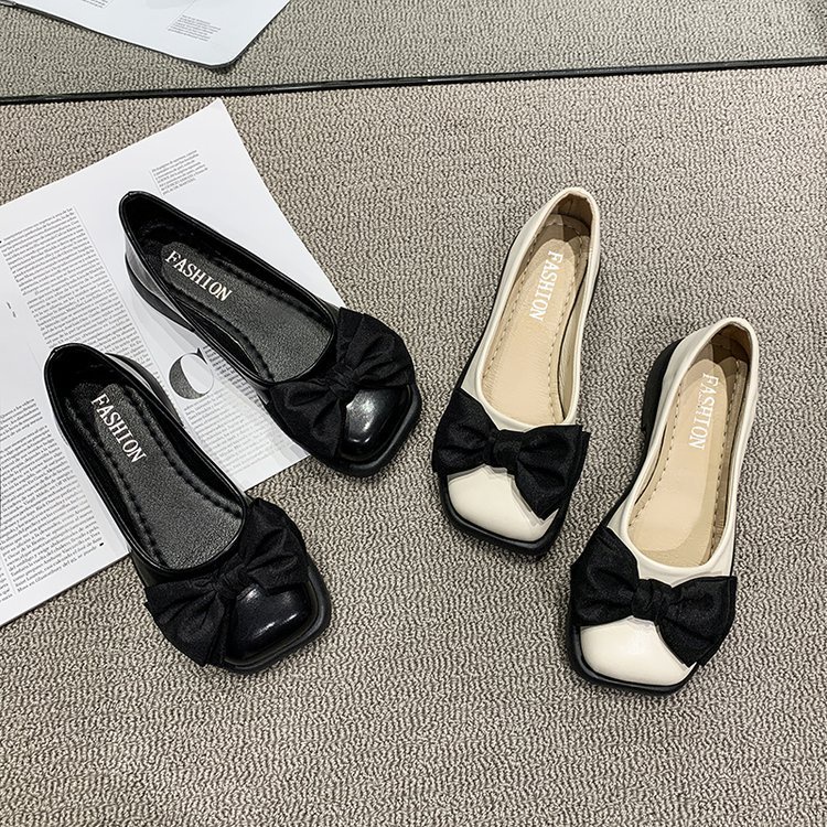 Giày Búp Bê Da Mũi Vuông Đính Nơ Phong Cách Anh Quốc Cho Nữ